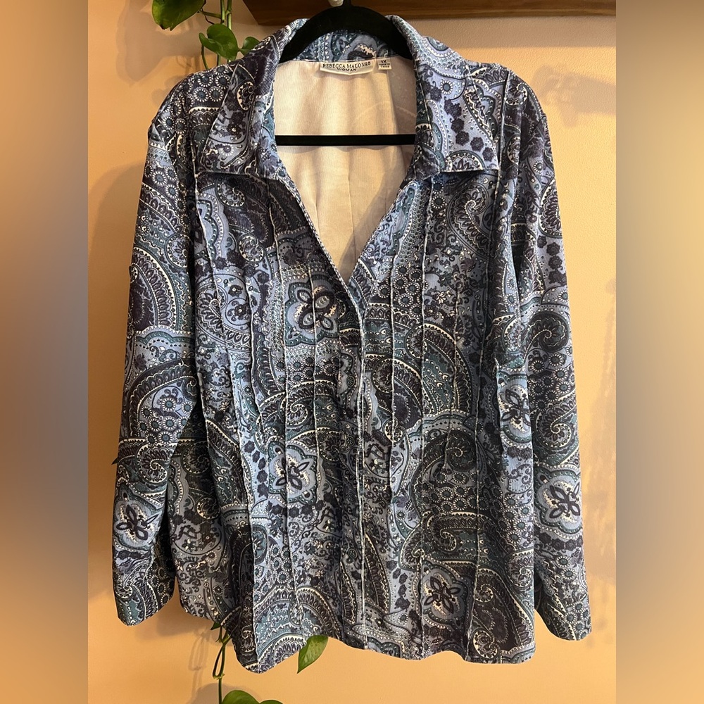Rebecca Malone Blue and White Paisley Corduroy Shirt 1x
